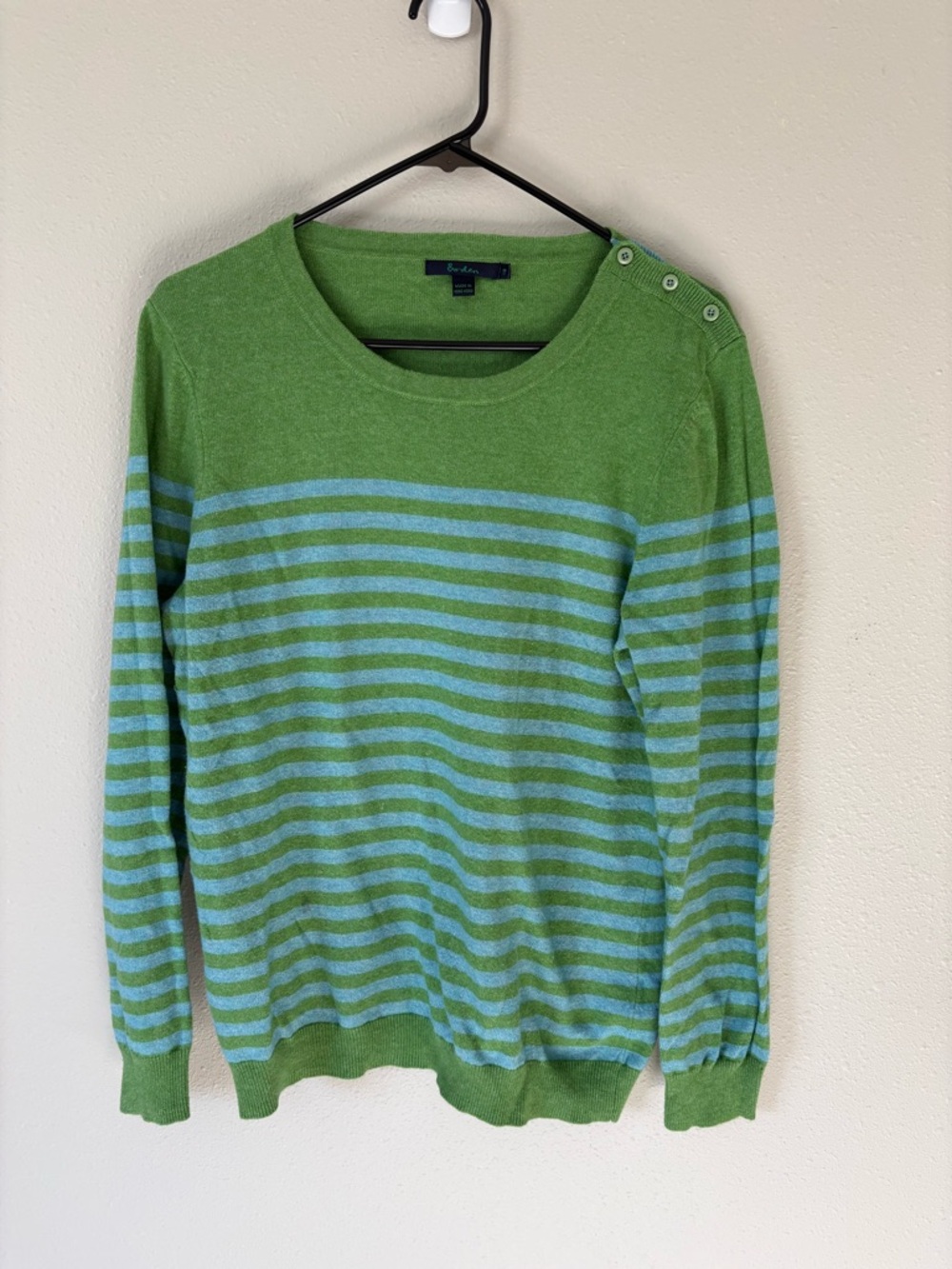 Boden Green and Light Blue Striped Button-Shoulder Sweater